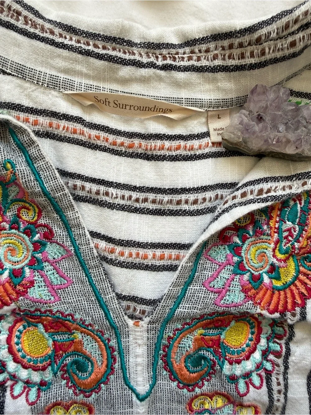 Soft Surroundings Embroidered Stripe Cotton Tunic Top Size Large Boho Lagenlook - Picture 15 of 16